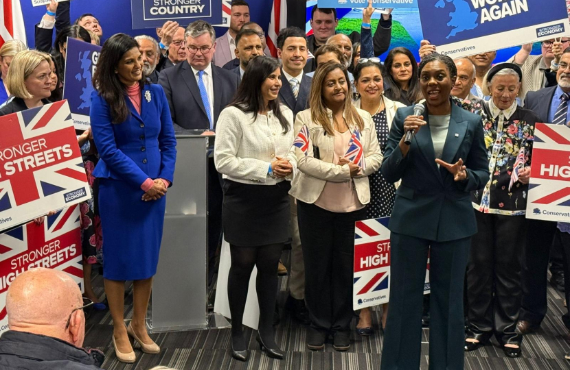 Kemi Badenoch speaking in front of Conservative councillors, members and candidates in Milton Keynes