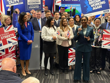 Kemi Badenoch speaking in front of Conservative councillors, members and candidates in Milton Keynes